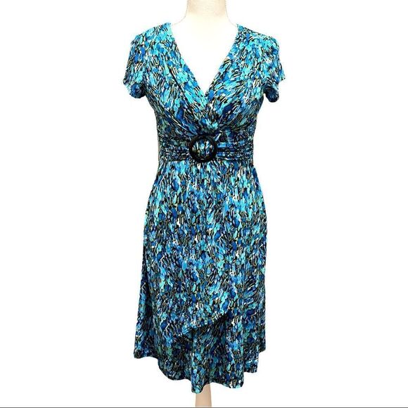Studio I Blue Printed Ruched & Buckle Waistband Dress Sz 6 - Picture 1 of 16